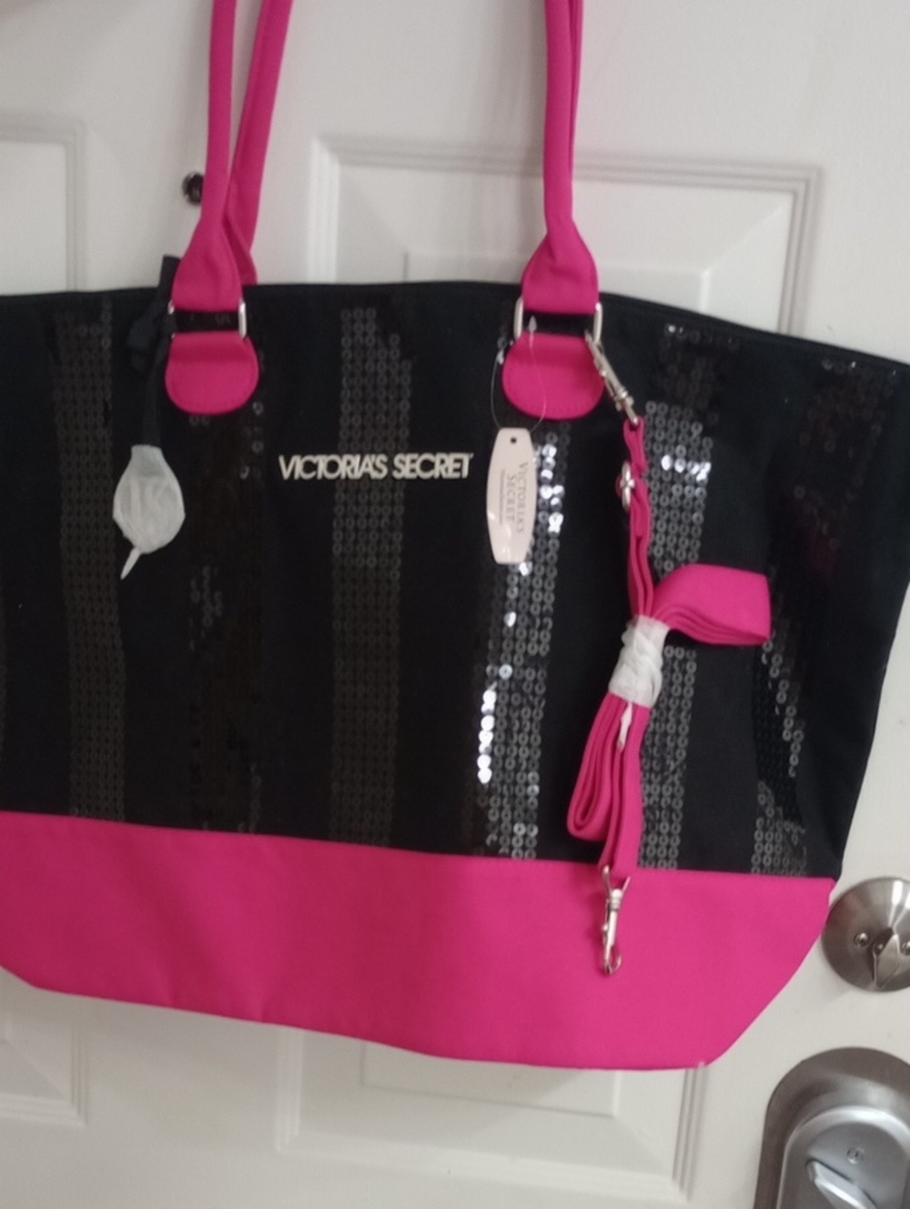 Vintage Victoria's Secret Black and Hot Pink Sequin Stripe Tote - Picture 1 of 4